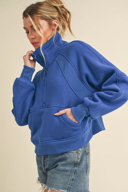 Dove Funnel Neck Half Zip Cobalt-Hoodie-AEMI + CO-Urbanheer