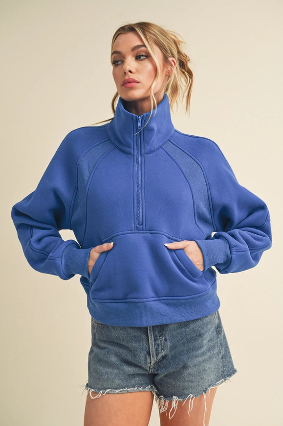 Dove Funnel Neck Half Zip Cobalt-Hoodie-AEMI + CO-Urbanheer