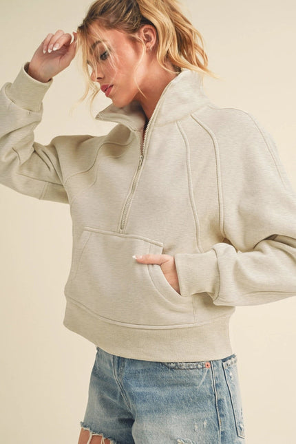 Dove Funnel Neck Half Zip Heather Bone-Hoodie-AEMI + CO-S-Urbanheer