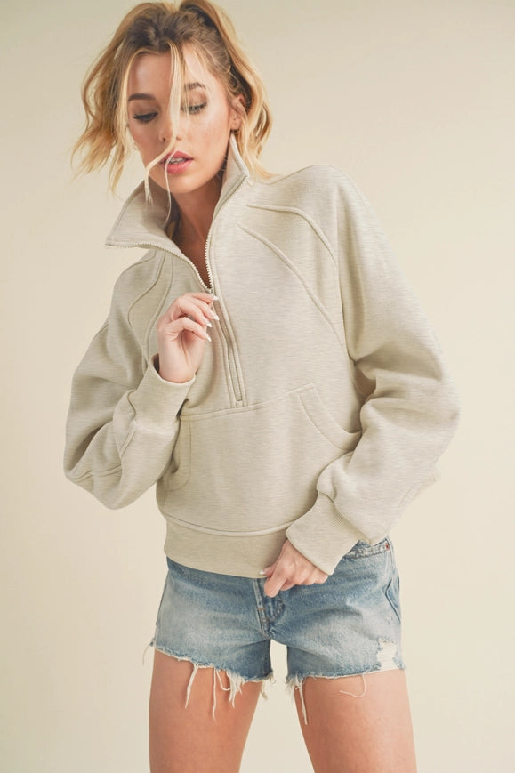 Dove Funnel Neck Half Zip Heather Bone-Hoodie-AEMI + CO-Urbanheer