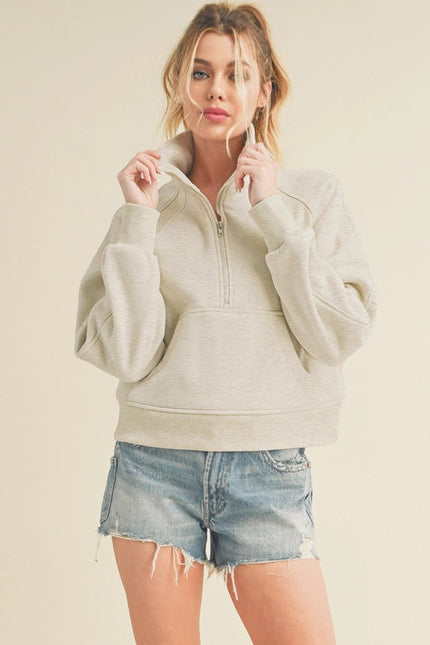 Dove Funnel Neck Half Zip Heather Bone-Hoodie-AEMI + CO-Urbanheer