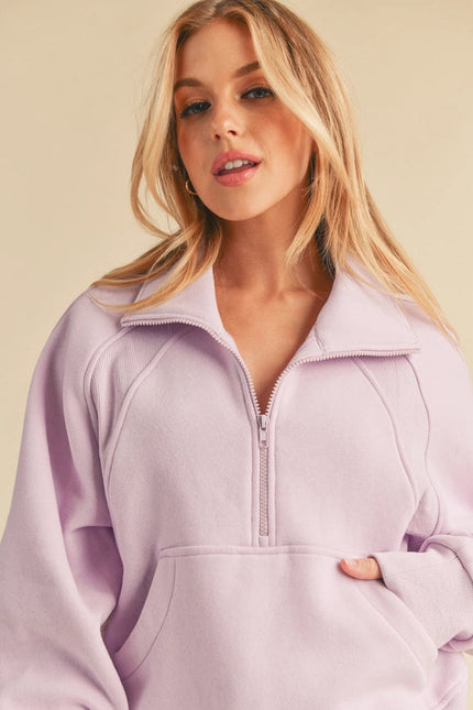 Dove Funnel Neck Half Zip Lavender-Hoodie-AEMI + CO-S-Urbanheer