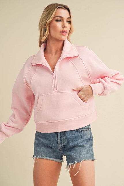 Dove Funnel Neck Half Zip Pink-Hoodie-AEMI + CO-S-Urbanheer