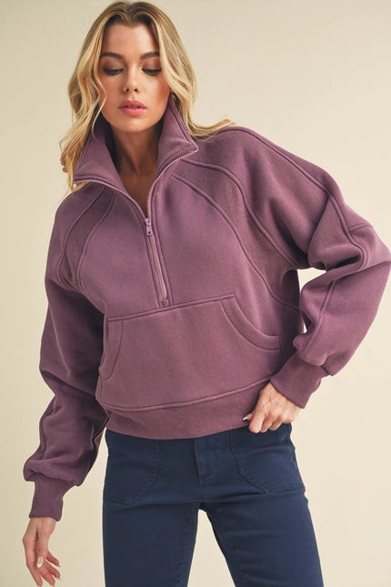 Dove Funnel Neck Half Zip Plum-Hoodie-AEMI + CO-S-Urbanheer