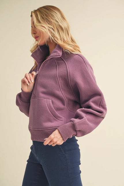 Dove Funnel Neck Half Zip Plum-Hoodie-AEMI + CO-Urbanheer