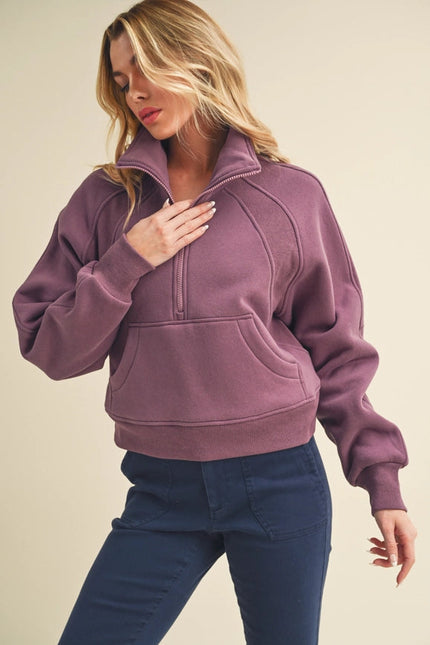 Dove Funnel Neck Half Zip Plum-Hoodie-AEMI + CO-Urbanheer