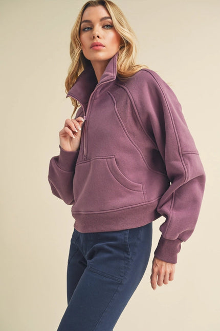 Dove Funnel Neck Half Zip Plum-Hoodie-AEMI + CO-Urbanheer