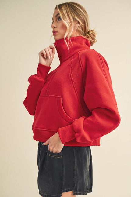 Dove Funnel Neck Half Zip Tomato-Hoodie-AEMI + CO-Urbanheer