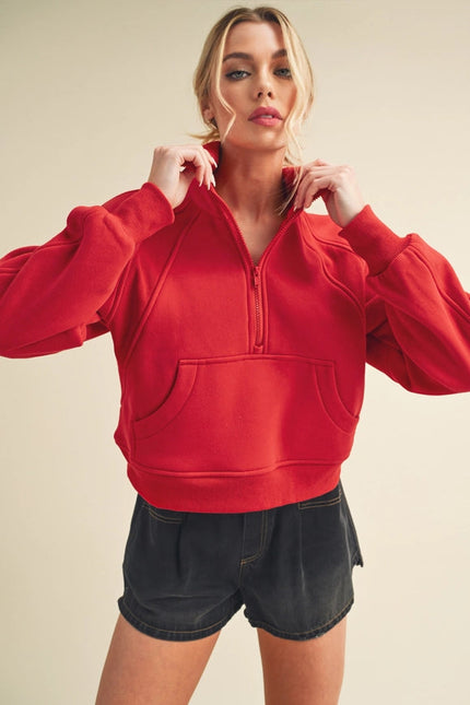 Dove Funnel Neck Half Zip Tomato-Hoodie-AEMI + CO-Urbanheer