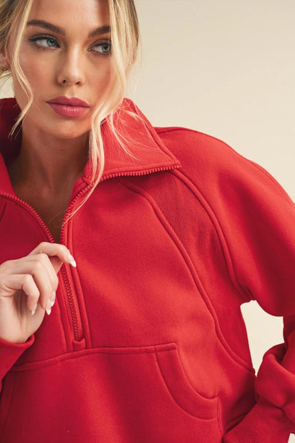 Dove Funnel Neck Half Zip Tomato-Hoodie-AEMI + CO-Urbanheer