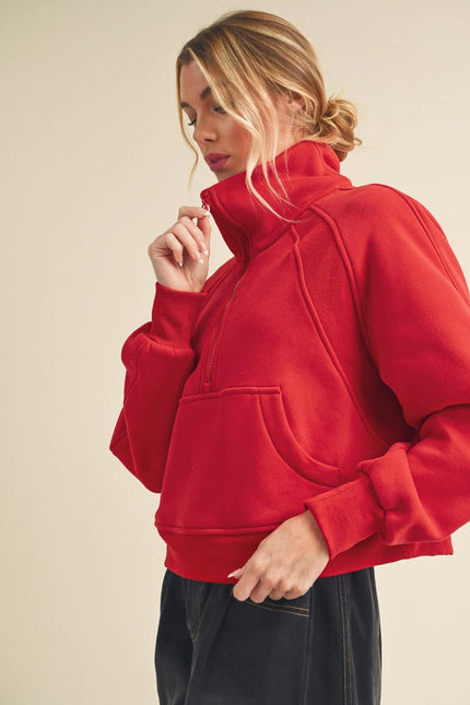 Dove Funnel Neck Half Zip Tomato-Hoodie-AEMI + CO-Urbanheer