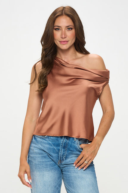 Dropped Shoulder Long Sleeve Satin Top-1