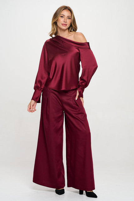 Dropped Shoulder Long Sleeve Satin Top-5