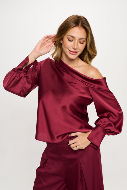 Dropped Shoulder Long Sleeve Satin Top-0