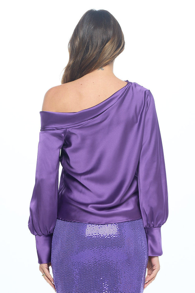 Dropped Shoulder Long Sleeve Satin Top-3