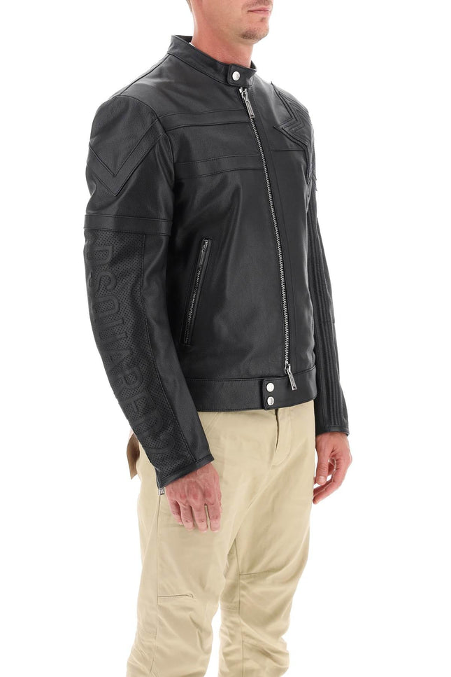 Dsquared2 leather biker jacket with contrasting lettering-men > clothing > jackets > leather jackets-Dsquared2-50-Black-Urbanheer
