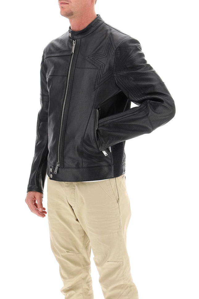 Dsquared2 leather biker jacket with contrasting lettering-men > clothing > jackets > leather jackets-Dsquared2-50-Black-Urbanheer
