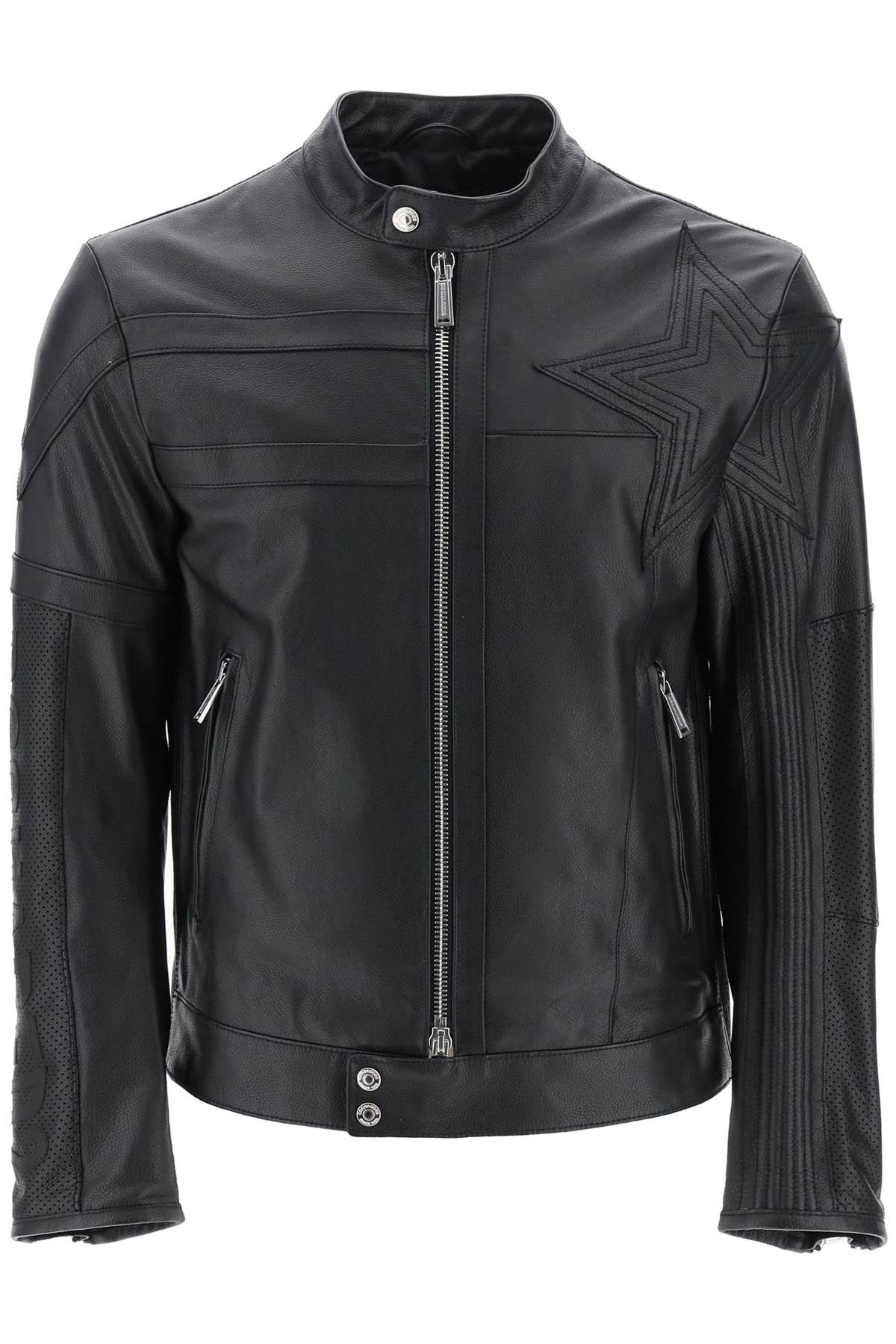 Dsquared2 leather biker jacket with contrasting lettering-men > clothing > jackets > leather jackets-Dsquared2-50-Black-Urbanheer