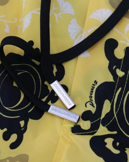 Dsquared² Yellow Black Printed Nylon Beachwear Shorts Swimwear