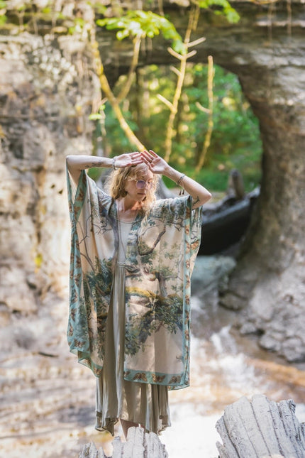 Earth And Sky Bohemian Bamboo Kimono With Tree Print