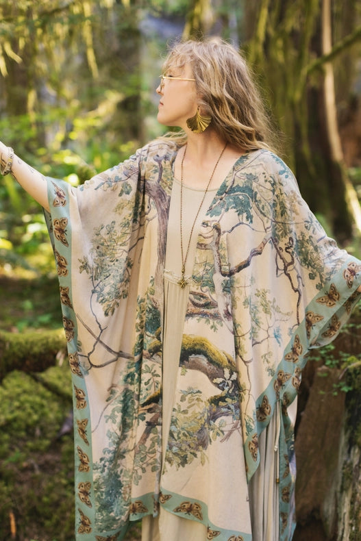 Earth And Sky Bohemian Bamboo Kimono With Tree Print