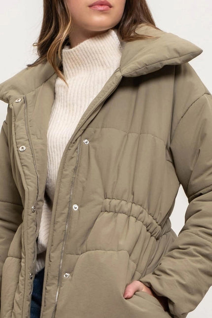 Elastic Waist Zip Up Puffer Jacket