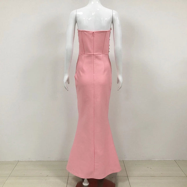 Elegant Beaded Mermaid Gown For Women Pink