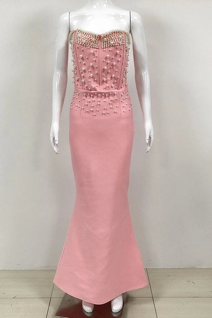 Elegant Beaded Mermaid Gown For Women Pink