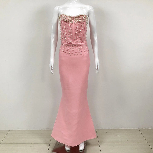 Elegant Beaded Mermaid Gown For Women Pink