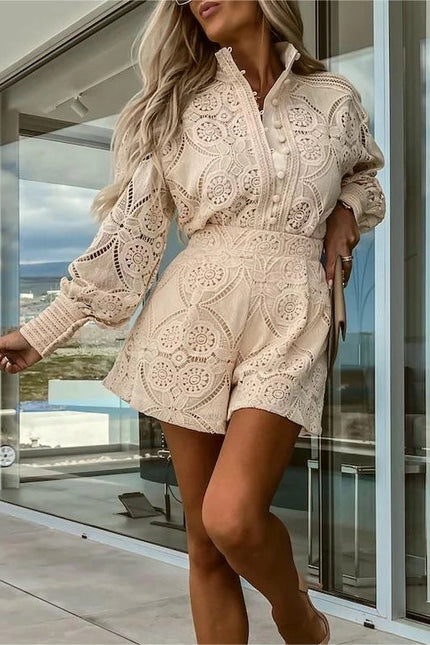 Elegant Cut-Out Top Lace Shorts Two-Piece Set Apricot