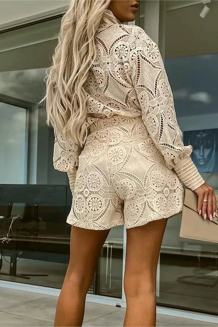 Elegant Cut-Out Top Lace Shorts Two-Piece Set Apricot