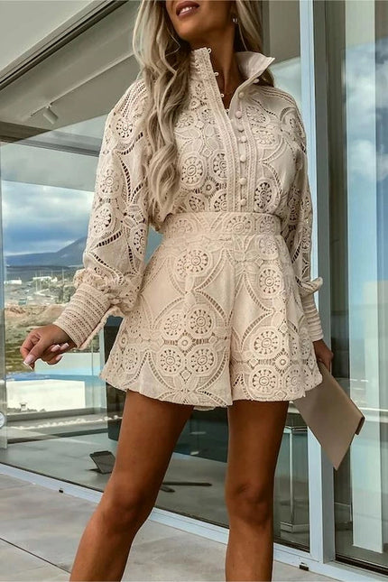 Elegant Cut-Out Top Lace Shorts Two-Piece Set Apricot