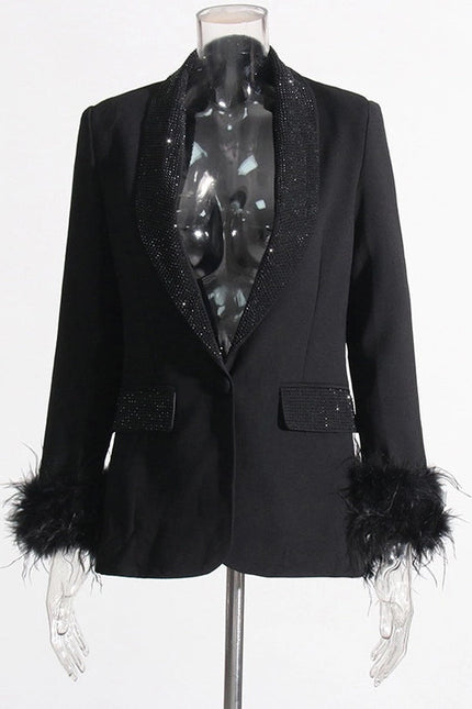 Elegant Feather & Diamond Suit Jacket Black