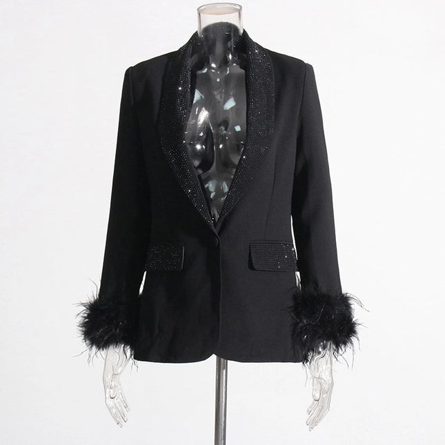 Elegant Feather & Diamond Suit Jacket Black