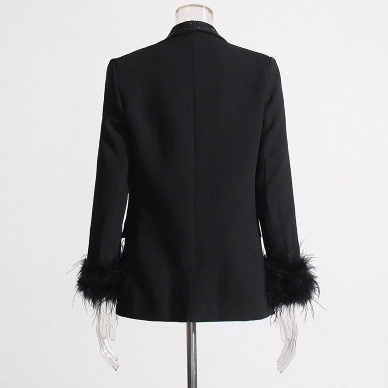 Elegant Feather & Diamond Suit Jacket Black