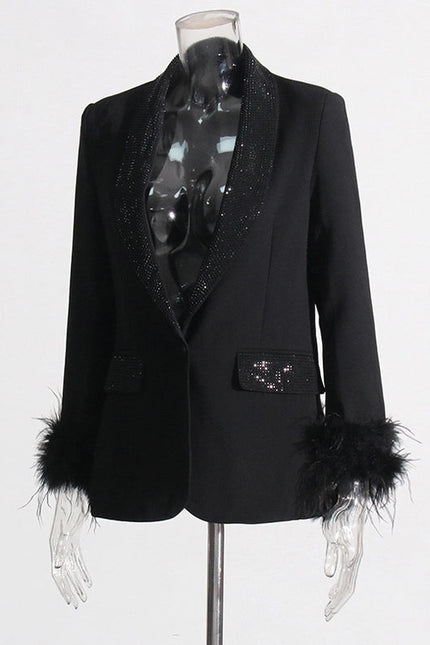 Elegant Feather & Diamond Suit Jacket Black