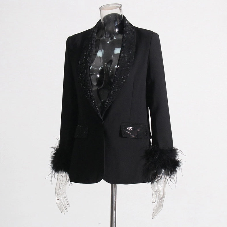 Elegant Feather & Diamond Suit Jacket Black