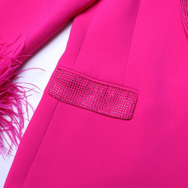 Elegant Feather & Diamond Suit Jacket Fushcia