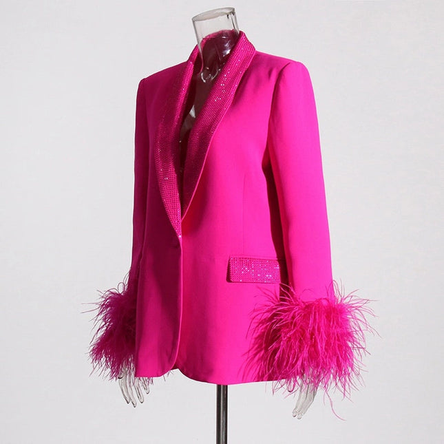 Elegant Feather & Diamond Suit Jacket Fushcia