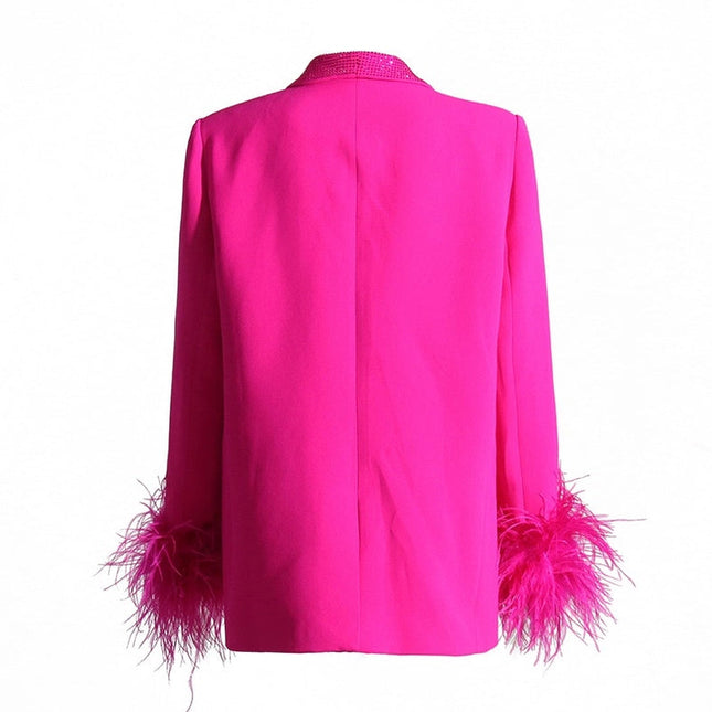 Elegant Feather & Diamond Suit Jacket Fushcia