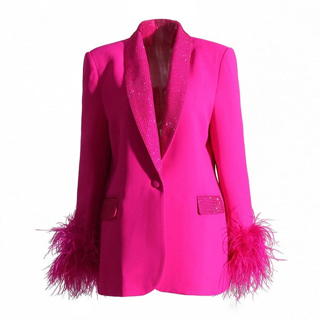 Elegant Feather & Diamond Suit Jacket Fushcia