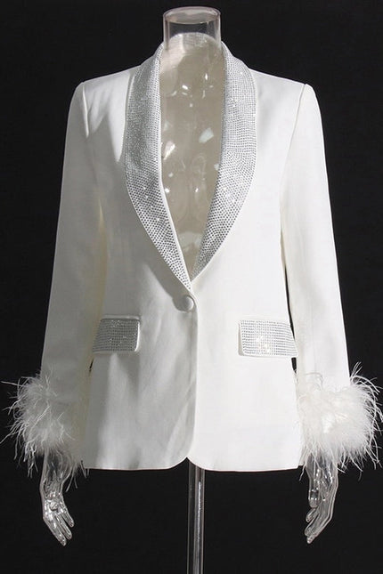 Elegant Feather & Diamond Suit Jacket White