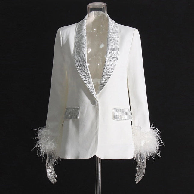 Elegant Feather & Diamond Suit Jacket White