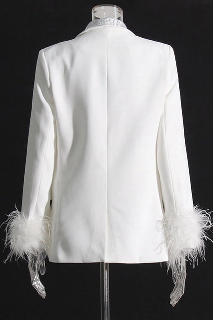 Elegant Feather & Diamond Suit Jacket White