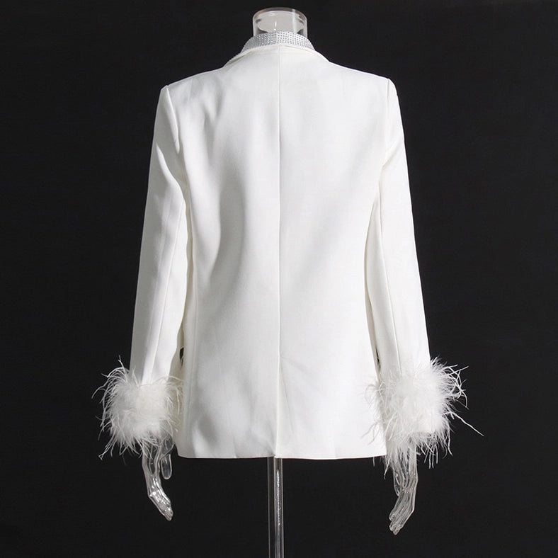 Elegant Feather & Diamond Suit Jacket White