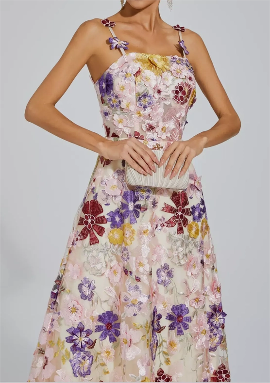 Elegant Floral Embroidered Mesh Gown