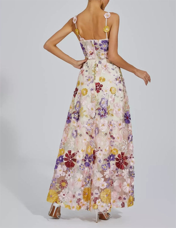 Elegant Floral Embroidered Mesh Gown