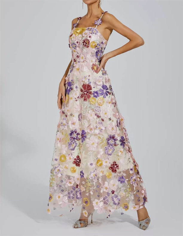 Elegant Floral Embroidered Mesh Gown