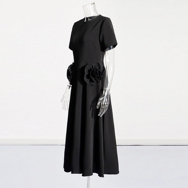 Elegant Floral Waist Slimming Dress - Autumn Fashion Black