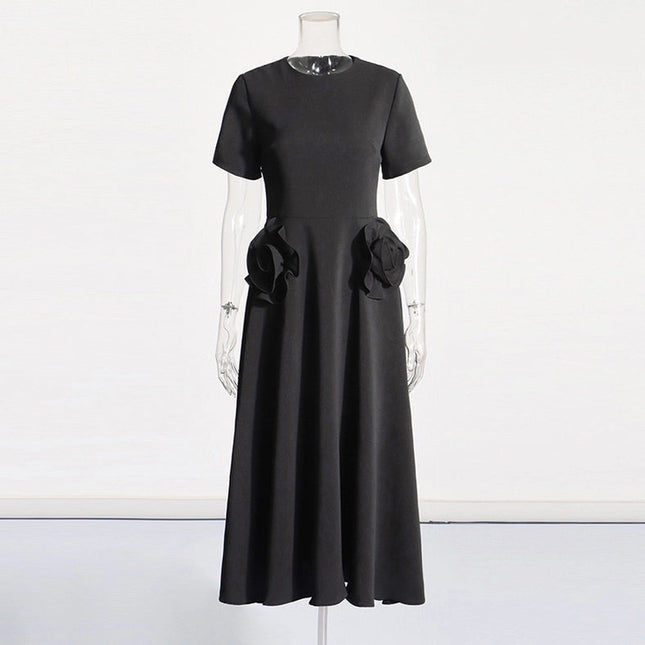 Elegant Floral Waist Slimming Dress - Autumn Fashion Black